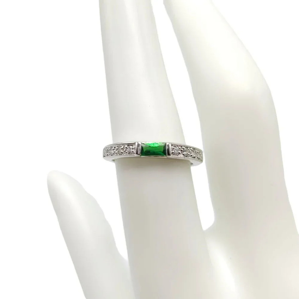 Green Rectangle Clear Rhinestone Sterling Silver Vintage Band Ring Size 7